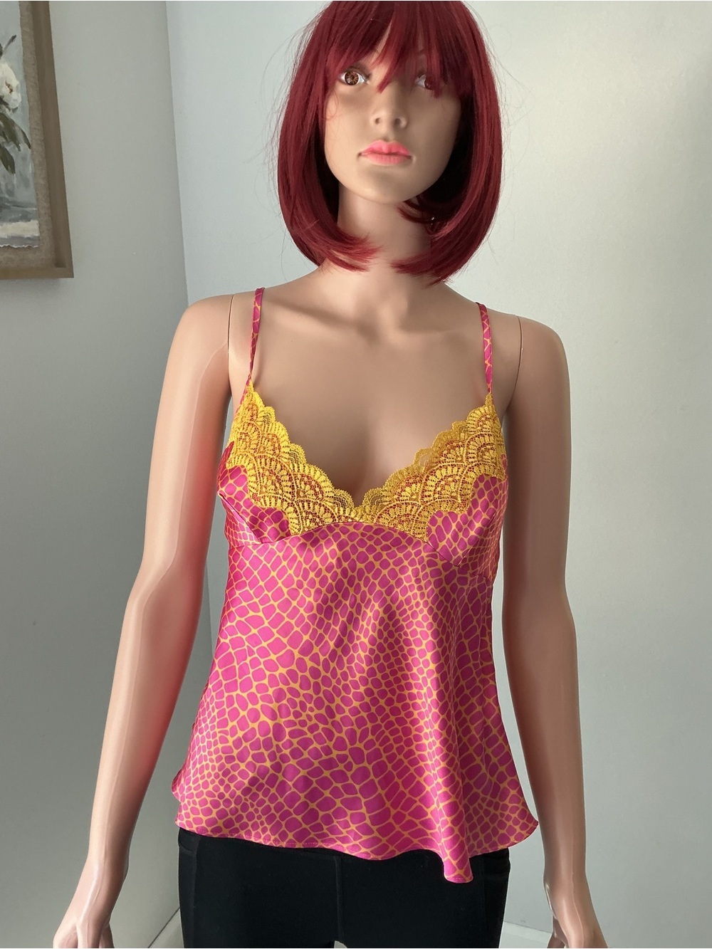 Victoria's Secret Pink Satin Cami with Yellow Lace Trim